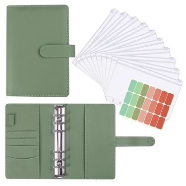 Refillable Notebooks Cash Budget Account Book Snap Button A6 Loose Leaf Folder Zipper Bag Matcha Green Leather PU Loose Leaf Book_voghion.com