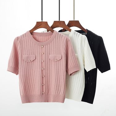 Women's clothing summer new white hollow ice silk short top bottom knitted half-sleeved T-shirt_viptrois.com