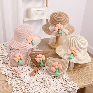 Children's sunscreen summer girl's straw bag set, sweet and cute little girl, big brim sunshade hat, cool hat_voghion.com