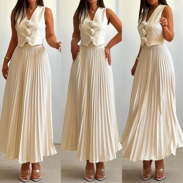 Women's Clothing Summer Sleeveless Vest Heavy Half Length Pleated Long Sleeved High End Two Piece Suit_voghion.com