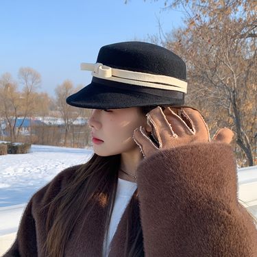 wool Equestrian Hepburn Style Small Lady Hat Women's Fall And Winter Black Beanie Beret_voghion.com