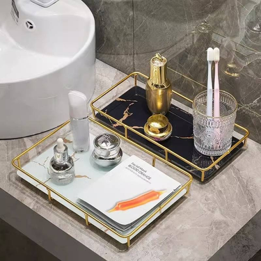 Elegant Bathroom Vanity Tray - Modern Single-Tier Makeup Organizer With Gold Accents For Countertop & Sink Area (Large/Small, Black/White Gold)_voghion.com