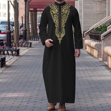 New Muslim Long Sleeved Ethnic Style Embroidered Arab Standing Collar Men's Robe_voghion.com