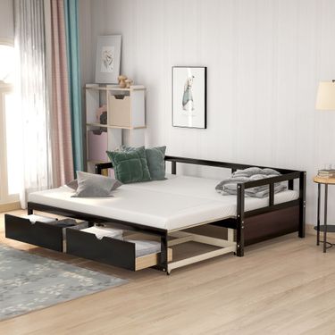 Wooden Daybed with Trundle Bed and Two Storage Drawers , Extendable Bed Daybed,Sofa Bed for Bedroom Living Room_voghion.com