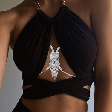 fashion accessories sexy heart-shaped tassel chest bikini rhinestone body chain_viptrois.com