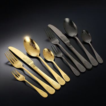 Stainless Steel Cutlery Set – Mirror-Polished Steak Knife, Fork, Spoon & Tea Set With Vintage Floral Engravings, Premium 410 Stainless Steel Flatware_voghion.com