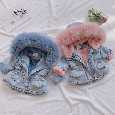 Kid's Clothing girls denim plus velvet jacket autumn and winter clothes baby cotton jacket large fur collar children thick cotton coat trendy_voghion.com