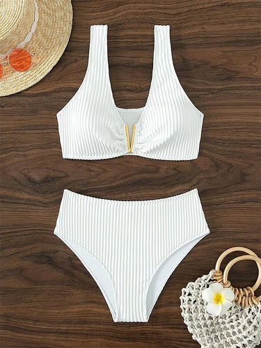 Women's Clothing Sexy Solid Color High Waist Bikini Beach Split Swimsuit Women's Swimwear _voghion.com