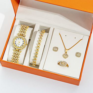 New Ladies Diamond Temperament Jewelry Watch Full Diamond Square 4-piece Digital Watch Necklace Accessories Suit_voghion.com