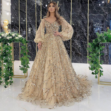 Women Dresses Long Sleeve V Neck Dress Zipper Solid Color Sequins Party Dress Vestidos Formal Floor Length Sexy Gold Stamp_voghion.com