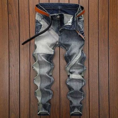 Teenage Clothing Fashionable retro stitching men's trendy jeans versatile slim stretch youth motorcycle fashion style skinny pants_voghion.com