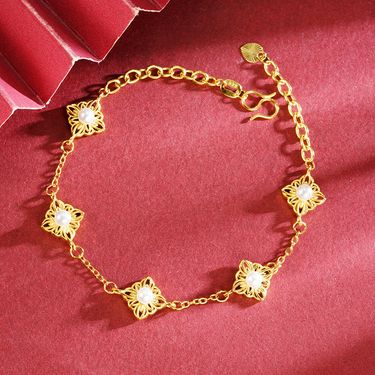 New flower pearl hollow four-leaf flower bracelet sand gold simple jewelry_voghion.com