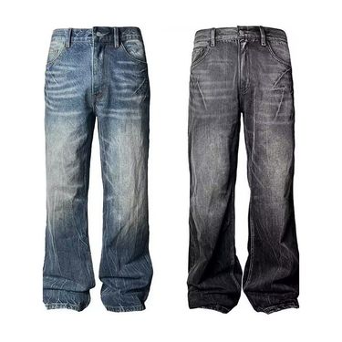 Men's Clothing Retro Dark Blue Lightning Cracked Jeans For Men And Women Loose Wide Leg Pants Washed Straight Flared Pants_voghion.com