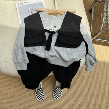 2024 Spring Children's Sweater Vest True Two Piece for Boys' Alphabet Work Style Casual Set Trend_voghion.com