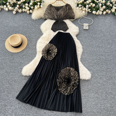 Women's Clothing Two Piece Suit For Women With Slim Waist Short Sleeved Pleated Top With Flowers High Waist Pleated Skirt_voghion.com