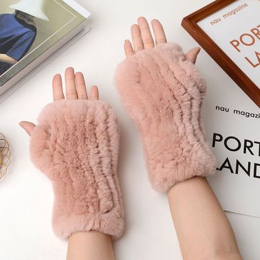 Rex Rabbit Fur Knitted Half-Finger Thickened Warm Winter Cute Wrist Guard Mid-Length Fingerless Furry Gloves_voghion.com