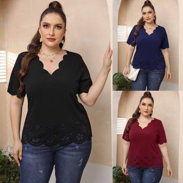Women's Top Plus Size Women's Burnt Floral Hollow-out Deep V Short Sleeve T Shirt_voghion.com