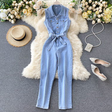 Women's fashion waist slimming straight leg wide leg jeans jumpsuit_voghion.com