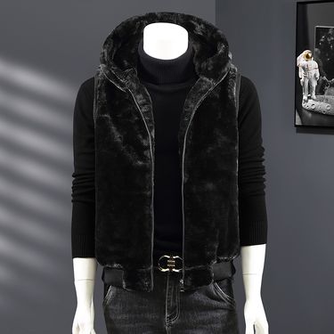 Autumn and Winter Warm Fur Sable Plush Hooded Kamp Shoulder Sleeveless Tank Top Handsome Fashion Slim Fit Vest_voghion.com