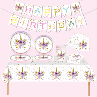 Colored gold flower unicorn paper plate, tablecloth, tissue banner, children's birthday party set, decorative items_voghion.com