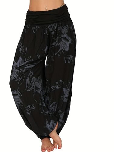 Plus Size Boho Pants, Women's Plus Floral Print Ruched Low Waist Loose Comfy Harem Pants_voghion.com