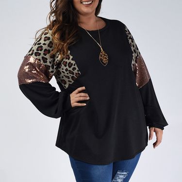 Shiying Fashion plus size women's outerwear leopard print pullover spring, loose sequined patchwork long sleeved t-shirt_voghion.com