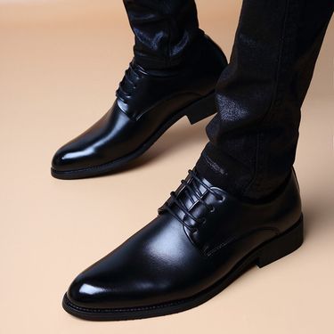 Soft Leather British-Style Men's Shoes With Built-in Height Increase Men's Pointed-Toe Black Business Formal Casual Leather Shoes Men's Shoes_voghion.com