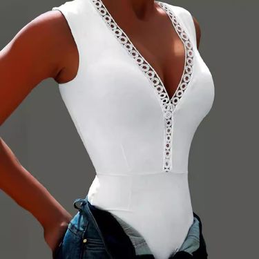 Women's Clothing hot style white V neck sleeveless sexy tight jumpsuit_viptrois.com