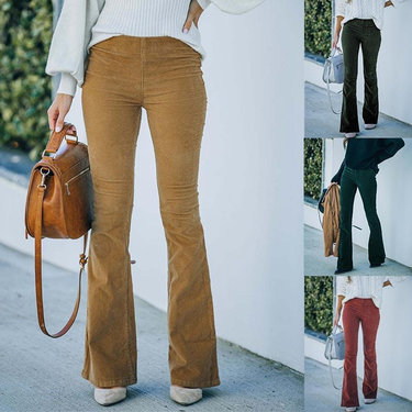 Women's Clothing Autumn and Winter Solid Color High-waist Slim Flared Pants Corduroy Elastic Waist Casual Pants_viptrois.com