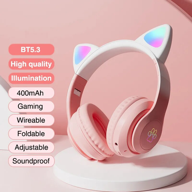 New Cat Bluetooth Headphone Wireless Gradient Color LED Light with Mic Kids Girls Stereo Phone Music Headset Gamer Gift_voghion.com