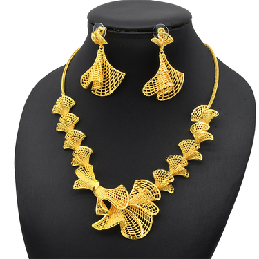 Middle Eastern Bride Gold Scale Flower Necklace Women's Earring Set Wedding Set Chain Copper Gold-plated Gold Shop Window Gold Same Style_voghion.com