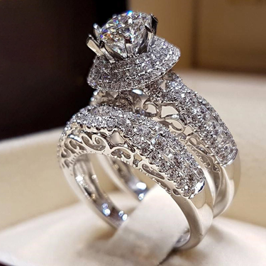 Qianbihe 1 Pair Couple Rings Shiny Cubic Zirconia Jewelry Electroplated Exquisite Rings for Wedding-Silver US 6_voghion.com