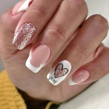 Mid length European style white French with explosive sparkle, love false nails, sweet and beautiful girl specific nail_voghion.com