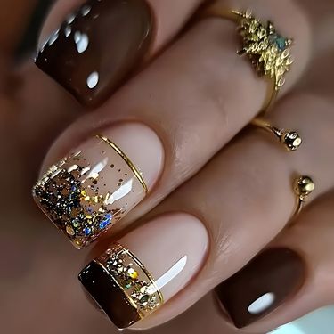 LC169 French Short Square Fake Nails – Glitter Gold Brown Press On Nails For Women, Ins Style Press On Nails With Glue & File, Easy To Apply Reusable_voghion.com