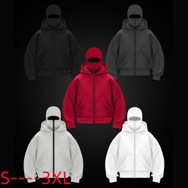 Solid Color Sweatshirt Plain Hooded Zipper Jacket Masked Men Spring Autumn Winter Couple Style_voghion.com