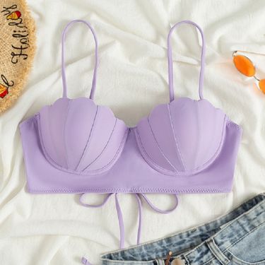 Women's Clothing New Solid Color Shell Steel Support Gathered Beach Swimsuit Sexy Bikini Top Women_voghion.com
