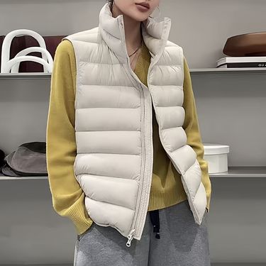 2025 Autumn Winter Women's White Duck Down Vest With Stand Collar Ribbed Design, Lightweight And Slim Fit For Petite_voghion.com