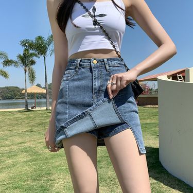 Denim skirt women's new ins summer high waist split elastic half-length retro hip skirt anti-exposure A-line pants skirt_voghion.com
