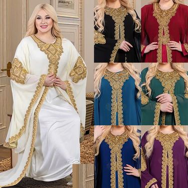 Women's jalabiya Muslim Middle Eastern Malay trumpet sleeve embroidered robe embroidered gold lace dress 8872_voghion.com