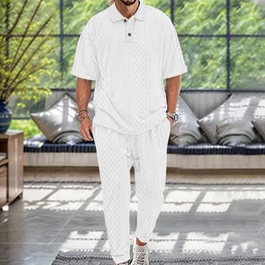 Men's Clothing Summer And Autumn Heavy Knitted Large Size Men's Casual Trousers Short Sleeve Button Lapel Trousers Short Sleeve Two Piece Suit_voghion.com