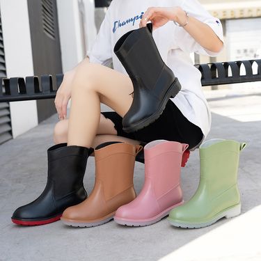 Fashion rain shoes women's middle tube non-slip kitchen rubber shoes thick soles waterproof_voghion.com