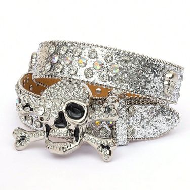 High-end Women's Skull Pattern Rhinestone Inlaid Fashionable Personality Trendy Belt_voghion.com