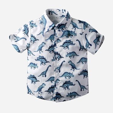 Mother & Kids Boys summer shirt 2024 new Korean version children's short-sleeved gentleman bow tie cartoon dinosaur casual shirt_voghion.com