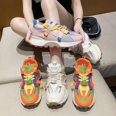 Women's Shoes Fashionable contrast color casual sports shoes for women spring new thick soled height enhancing versatile single shoes_voghion.com