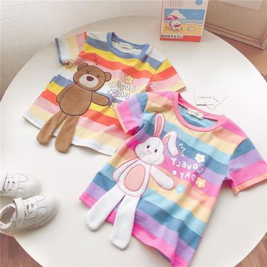 Kid's Clothing summer short sleeved T-shirts baby internet celebrity children's personality three dimensional cartoon rainbow striped short sleeves_viptrois.com