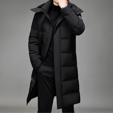 Men's Clothing Men's Winter Hooded Down Jacket With Zipper, Slim Fit Long Coat, 600FP White Duck Feather, Windproof & Warm, Black & Gray_voghion.com