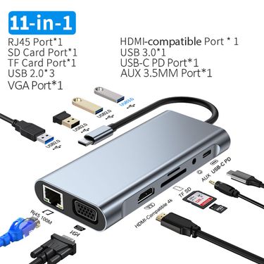 USB C Hub Type C To HDMI-Compatible RJ45 5 6 8 11 Ports Dock with PD TF SD AUX Usb Hub 3 0 Splitter For MacBook Air Pro PC HUB_voghion.com