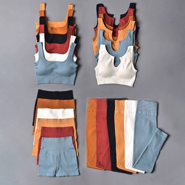 2021 Ins Thread Knit U-Neck Square Neck Vest Shorts Pants Four-Piece Yoga Outfit Set_voghion.com
