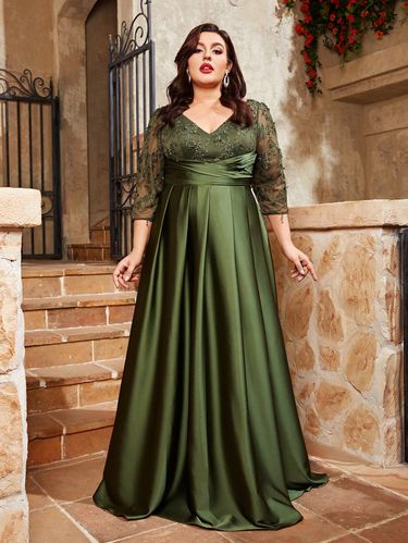 Mgiacy Plus Size V-neck Lace Embroidery Mosaic Satin Cloth Hand-folded Long Skirt Evening Gown Ball Party Dress_voghion.com