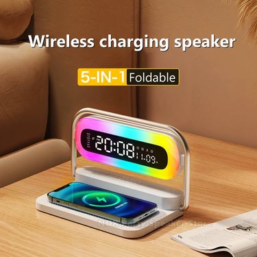Multifunctional 15W Fast Wireless Charger LED Wireless Charging Alarm Clock Bluetooth Foldable Charging Speakers Phone Charger_voghion.com